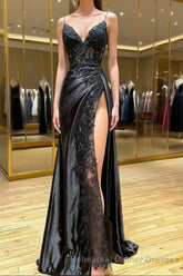 Sheath Black Long Appliques Semi Formal Prom Dress